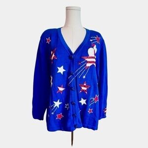 Jack B. Quick Stars & Stripes Santa Christmas Sweater Red White Blue Women XL-1X